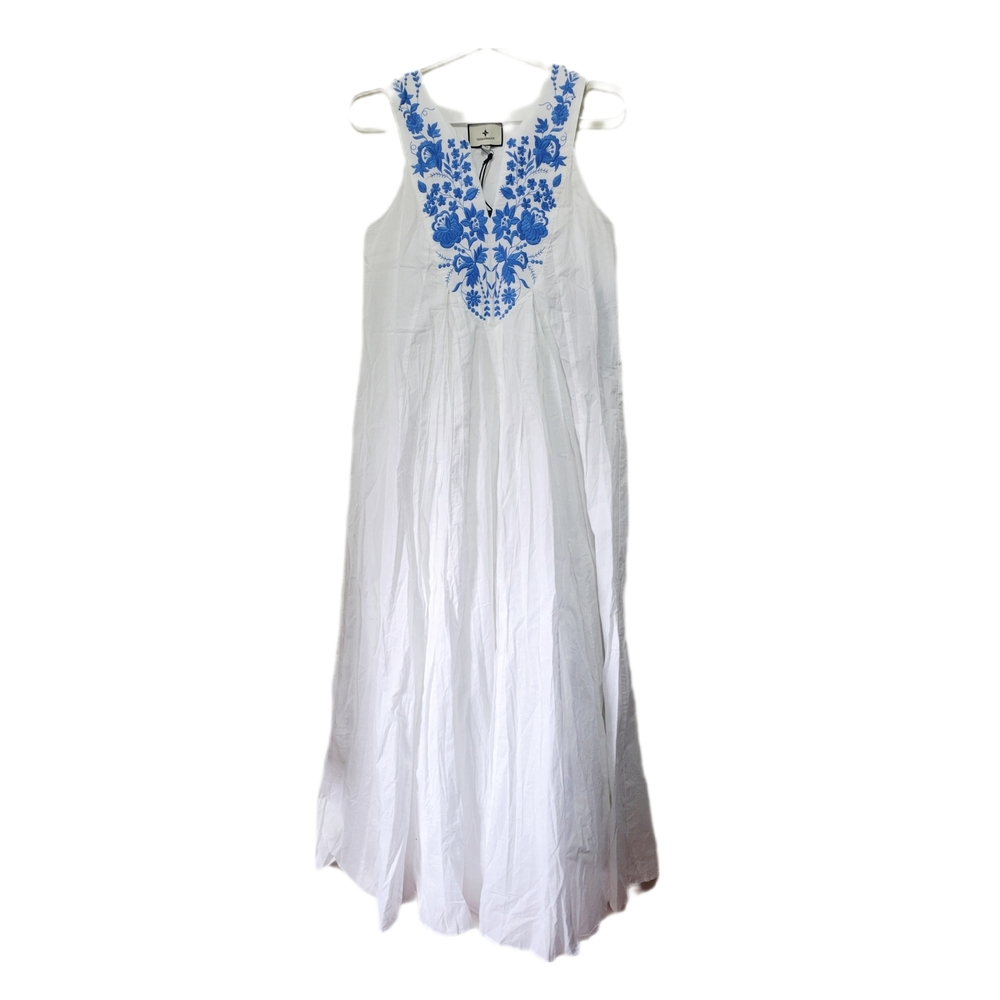 Tuckernuck NWT Boho Preppy White and Blue Embroidered Floral Maxi Dress